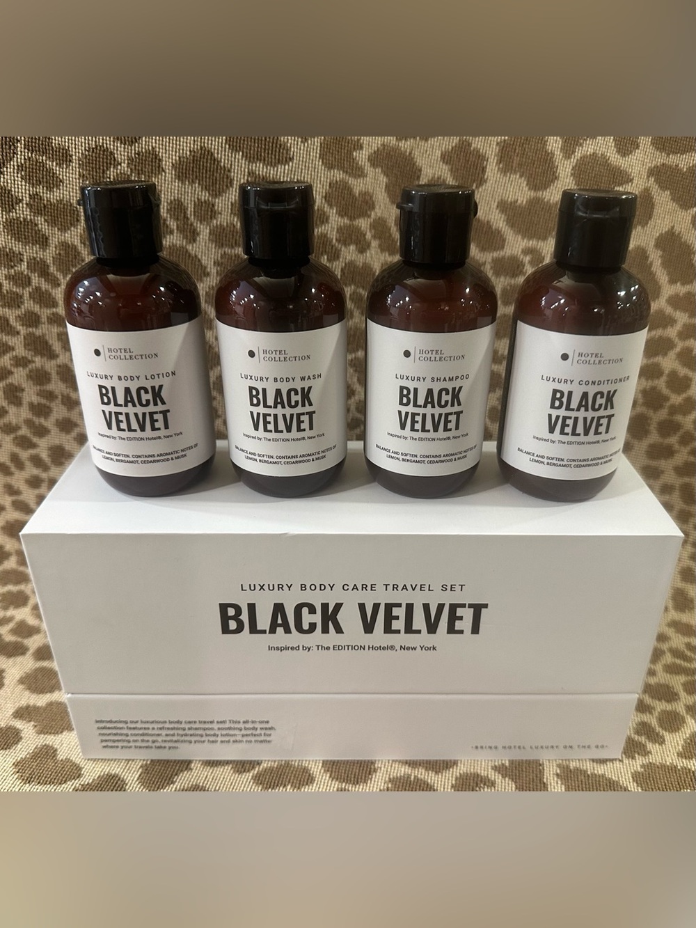 New in Box Hotel Collection Luxury Body Care Travel Set~Black Velvet~4 Piece Set
